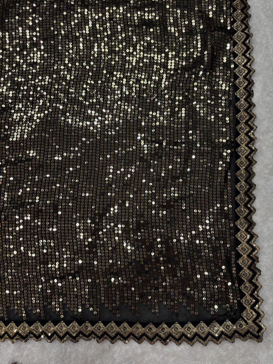 Black Georgette Saree with all over Sequence Work and Lace Border