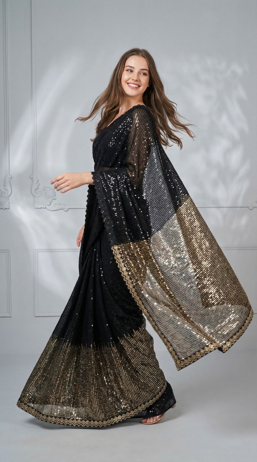Black Georgette Saree with all over Sequence Work and Lace Border
