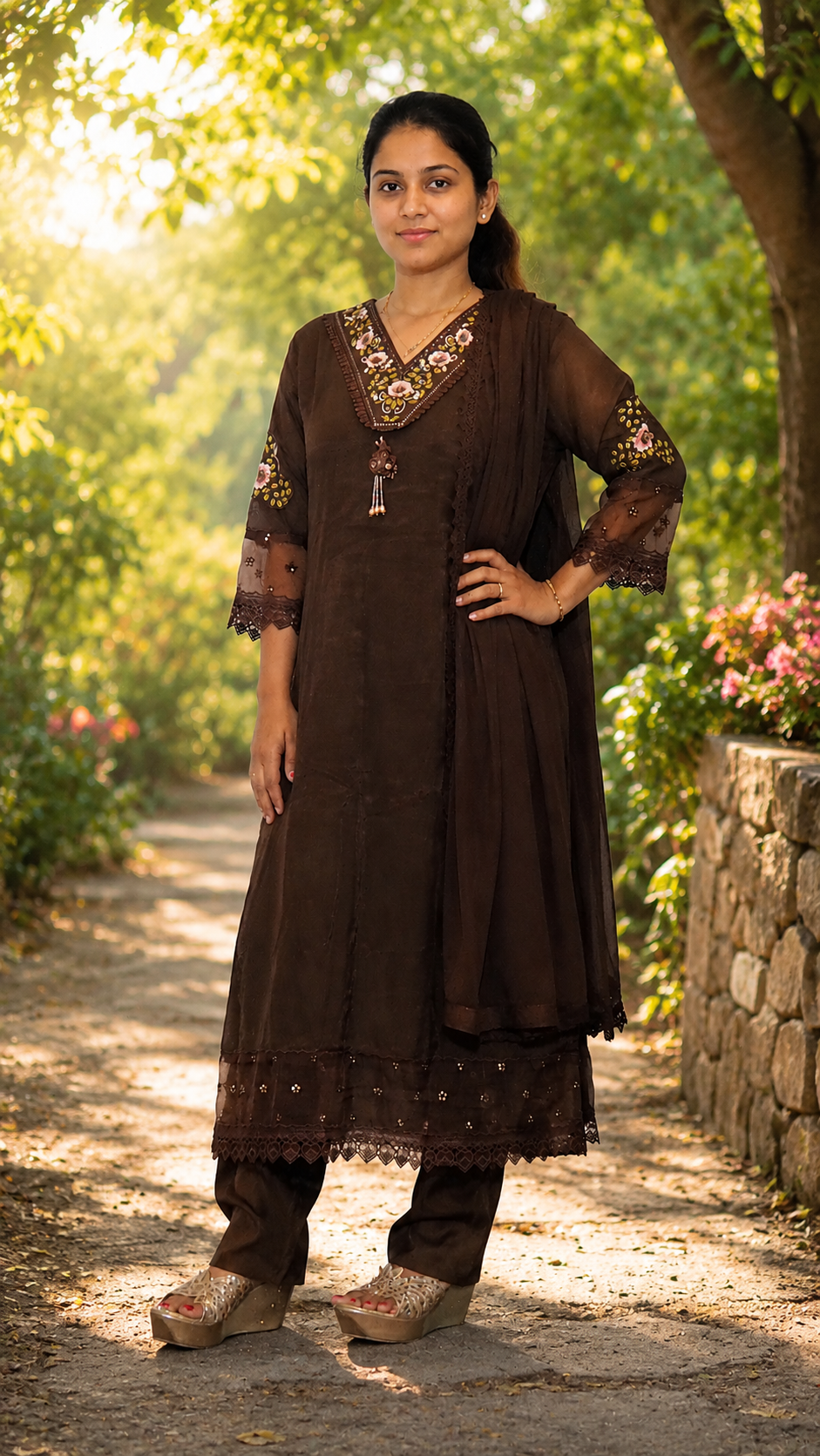 Premium Chanderi Cotton Silk Kurti Set Embroidered with Lace work