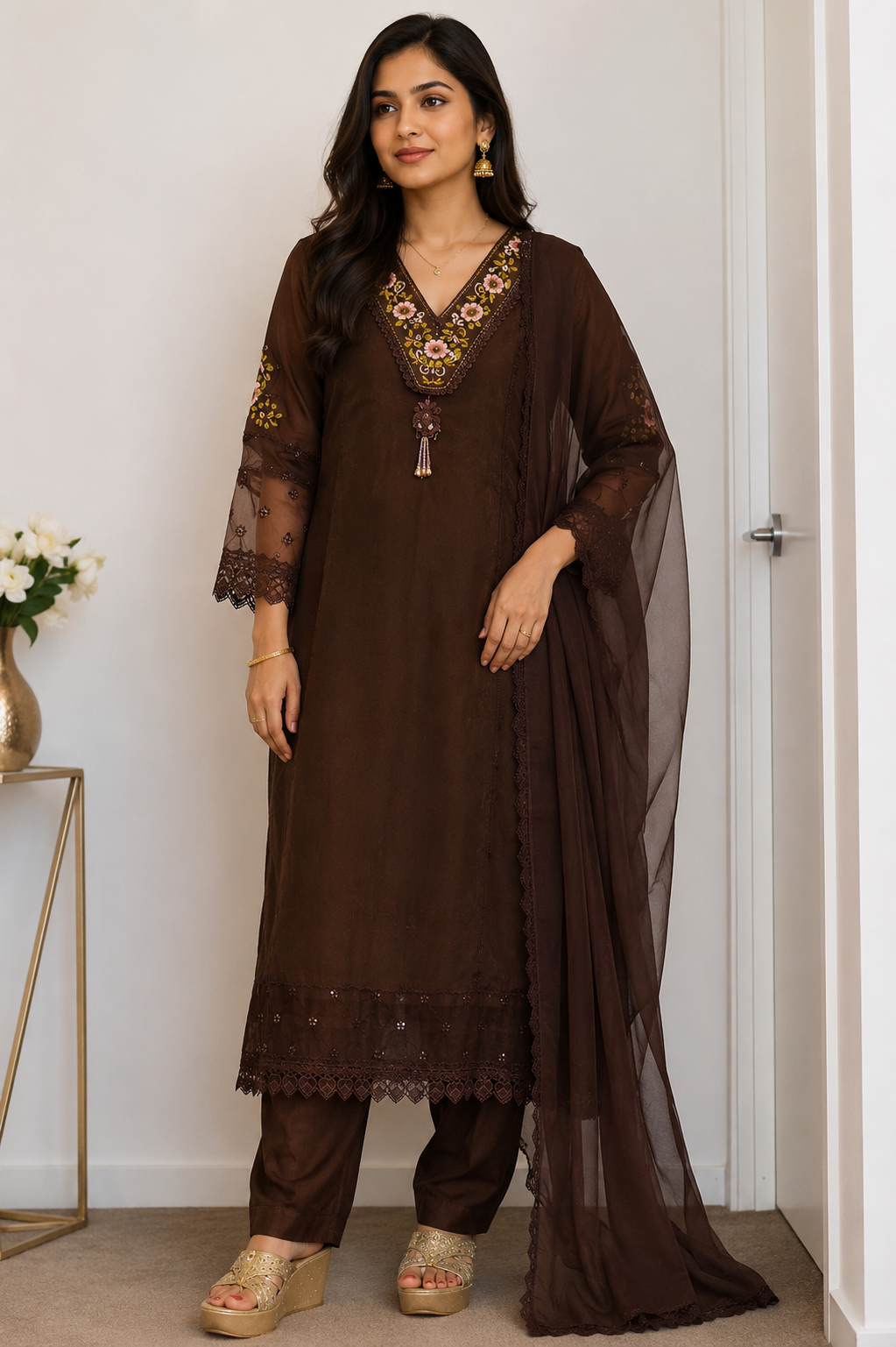 Premium Chanderi Cotton Silk Kurti Set Embroidered with Lace work