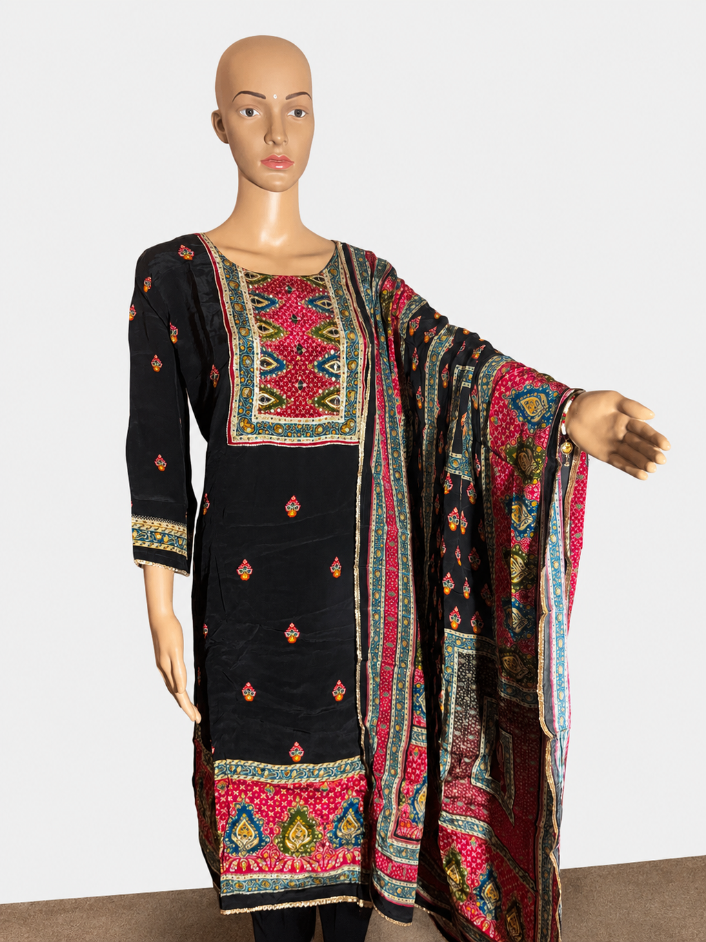 Elegant Black Ethnic Cotton Silk Kurti Set with Printed Dupatta