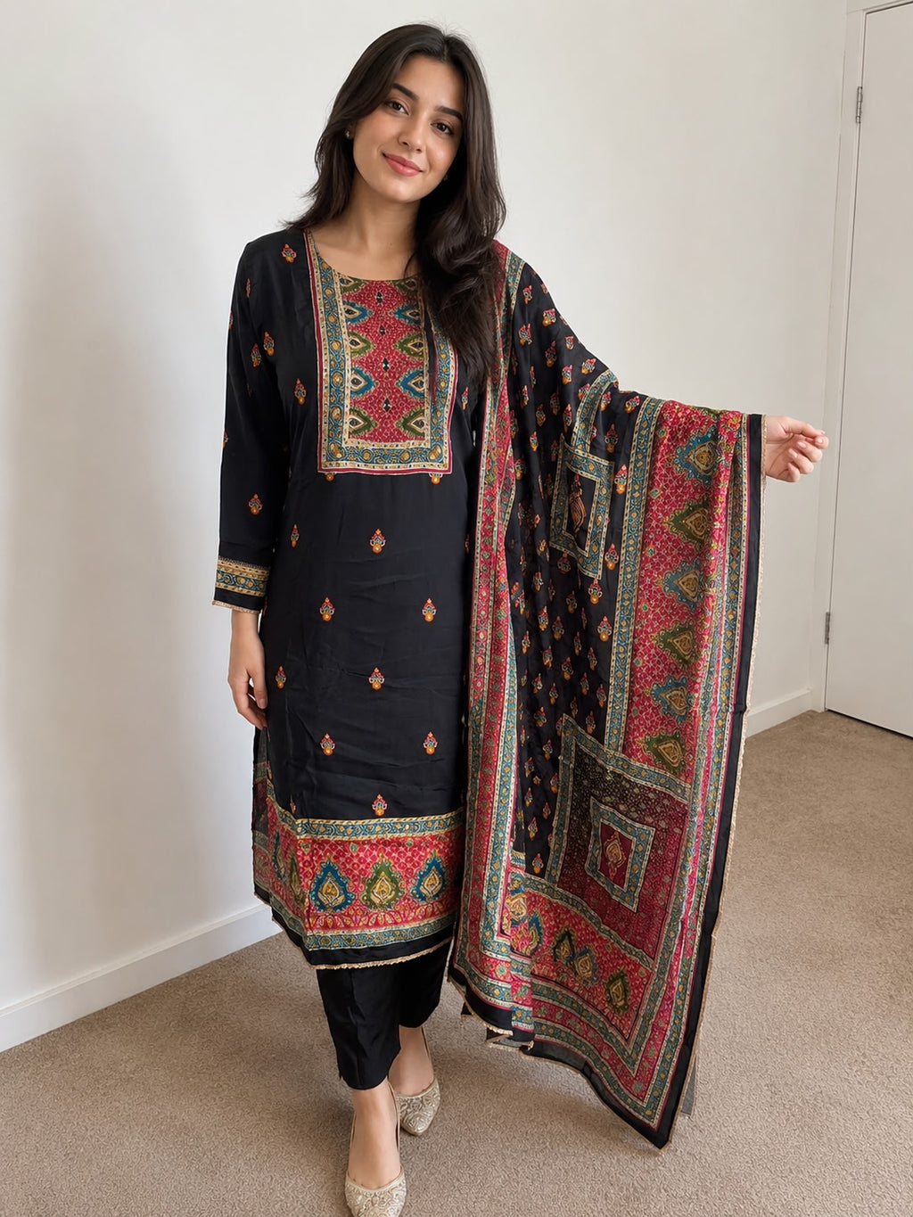 Elegant Black Ethnic Cotton Silk Kurti Set with Printed Dupatta