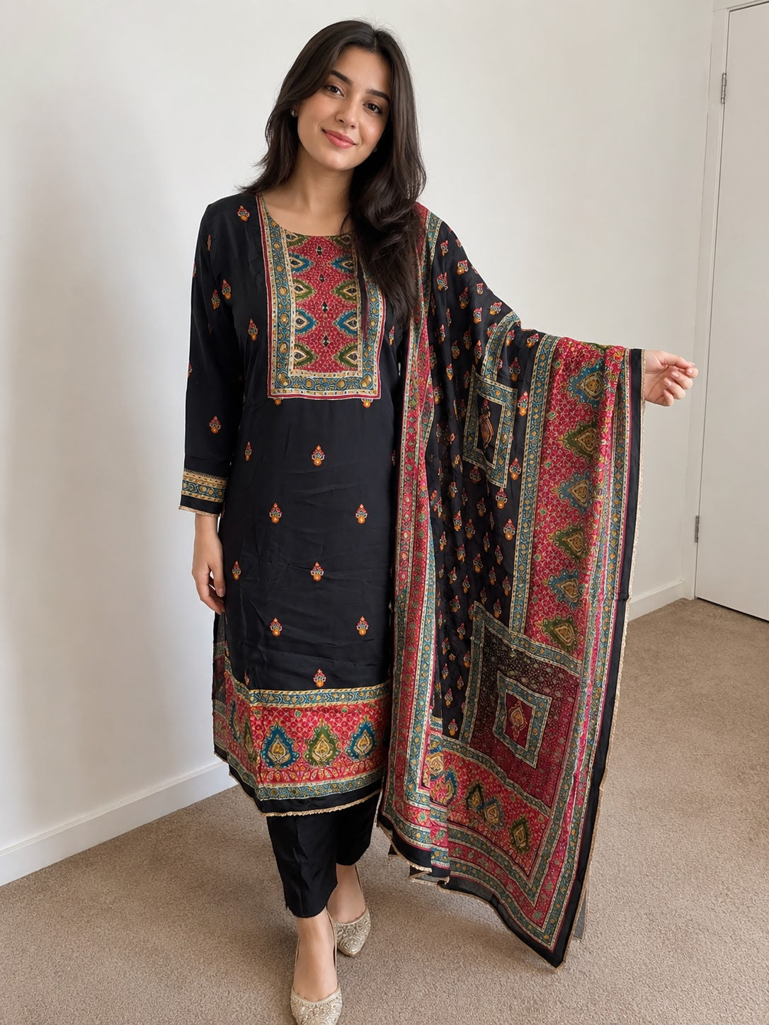 Elegant Black Ethnic Cotton Silk Kurti Set with Printed Dupatta