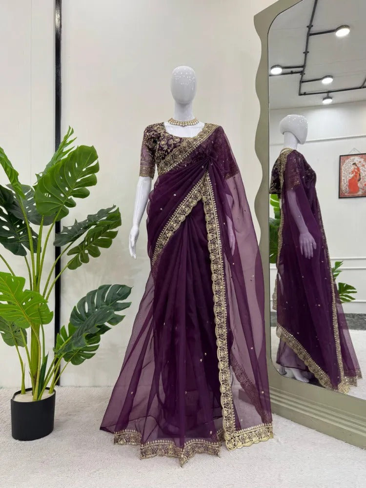 Organza Silk Saree with Embroidery Lace Border with all over Butta Work