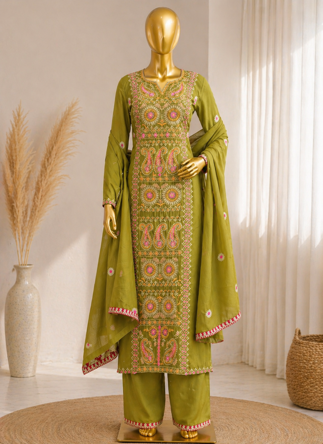 Chinon Silk Kurta and Pant Set with Zari and Thred Embroidery Work
