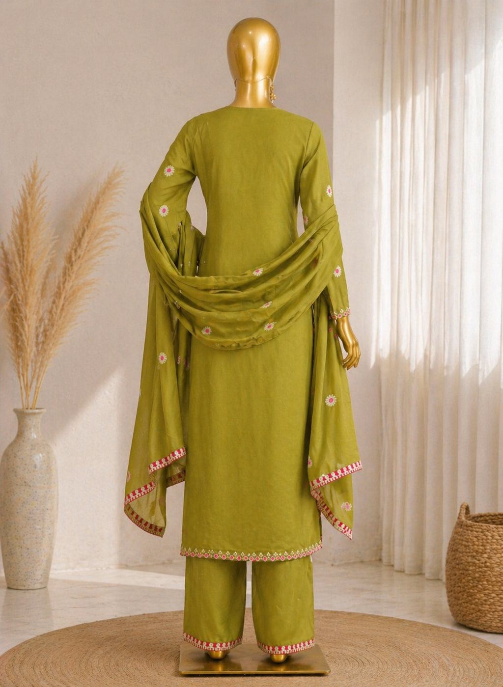 Chinon Silk Kurta and Pant Set with Zari and Thred Embroidery Work