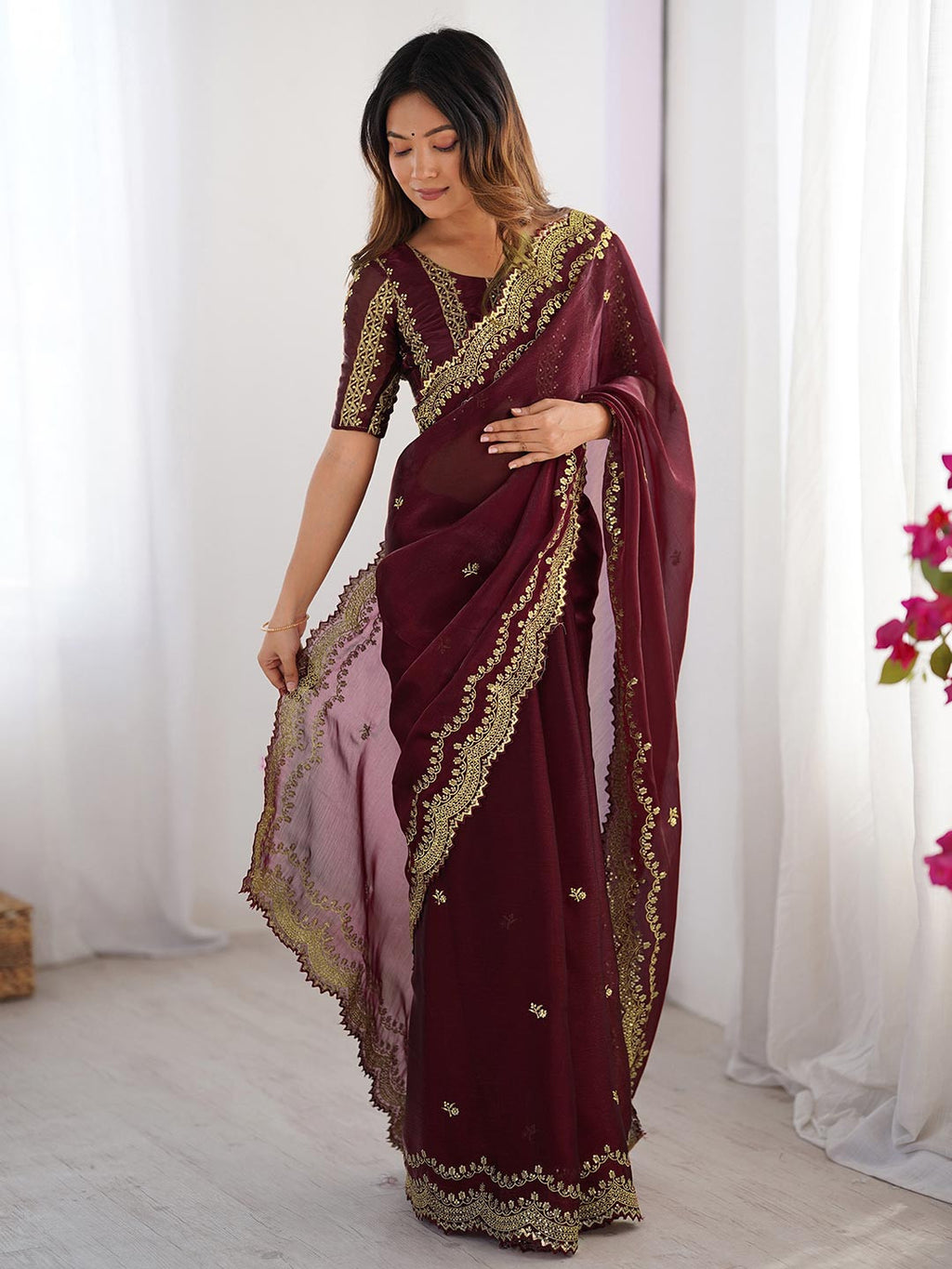 Jimmy Choo Saree with Heavy Embroidery Thred Broder Work