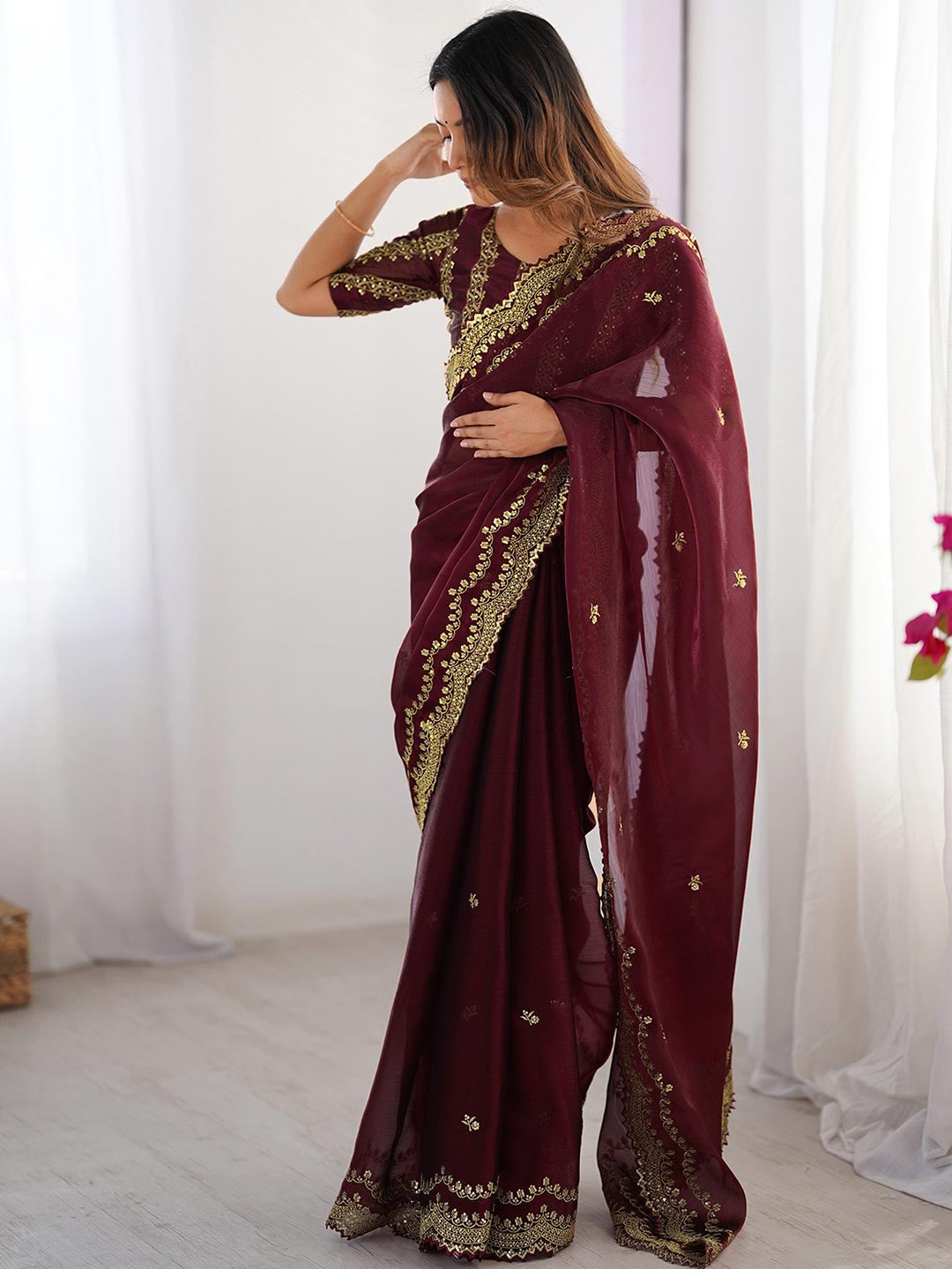 Jimmy Choo Saree with Heavy Embroidery Thred Broder Work