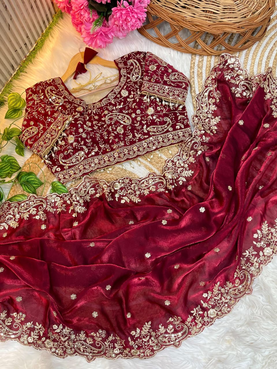 Satin Silk Saree with sequence work and Ready made Blouse