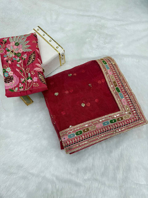 Designer Organza Silk Saree with Elegant Thread Sequence Embroidery & Butta Work