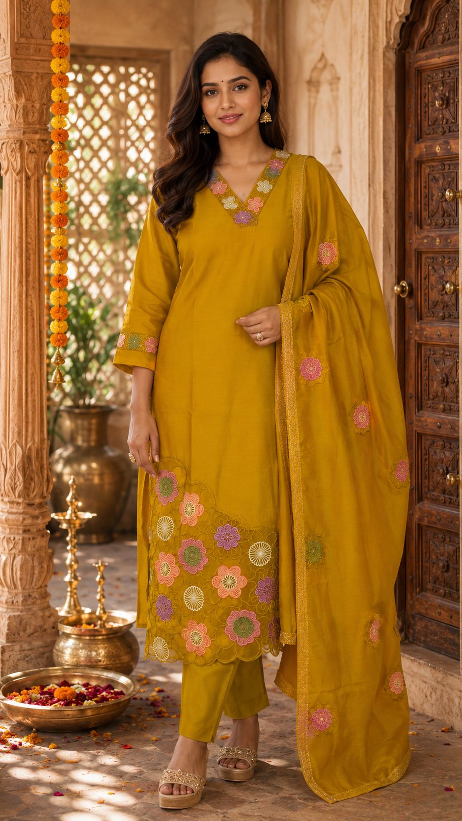 Mustard Yellow Silk Kurta Pant Set with Floral Embroidery