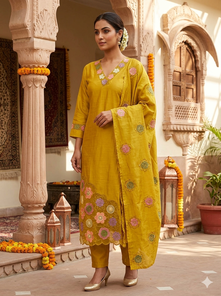 Mustard Yellow Silk Kurta Pant Set with Floral Embroidery