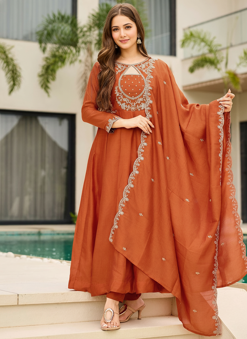 Vichitra Silk Kurta and Pant Set with Embroidered Work Dupatta