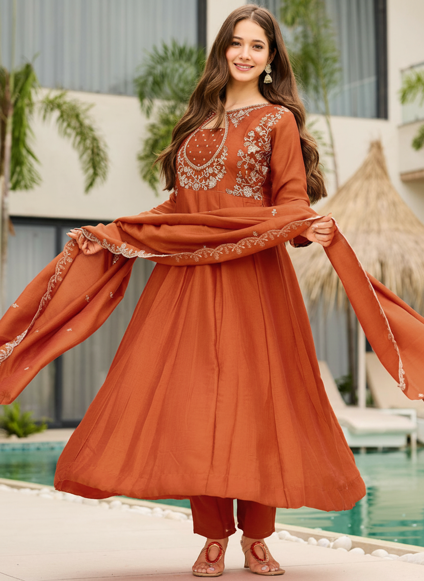 Vichitra Silk Kurta and Pant Set with Embroidered Work Dupatta