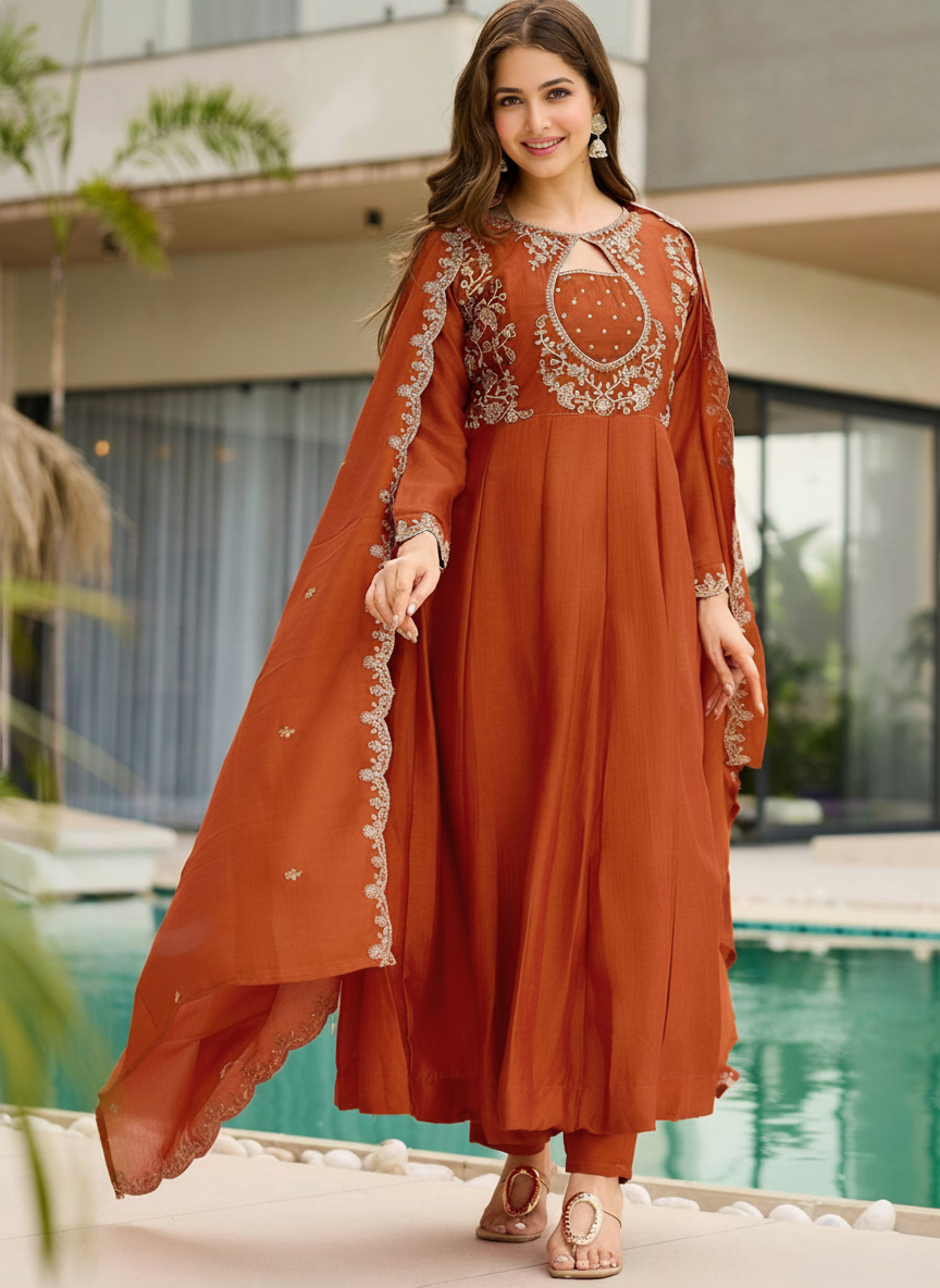 Vichitra Silk Kurta and Pant Set with Embroidered Work Dupatta