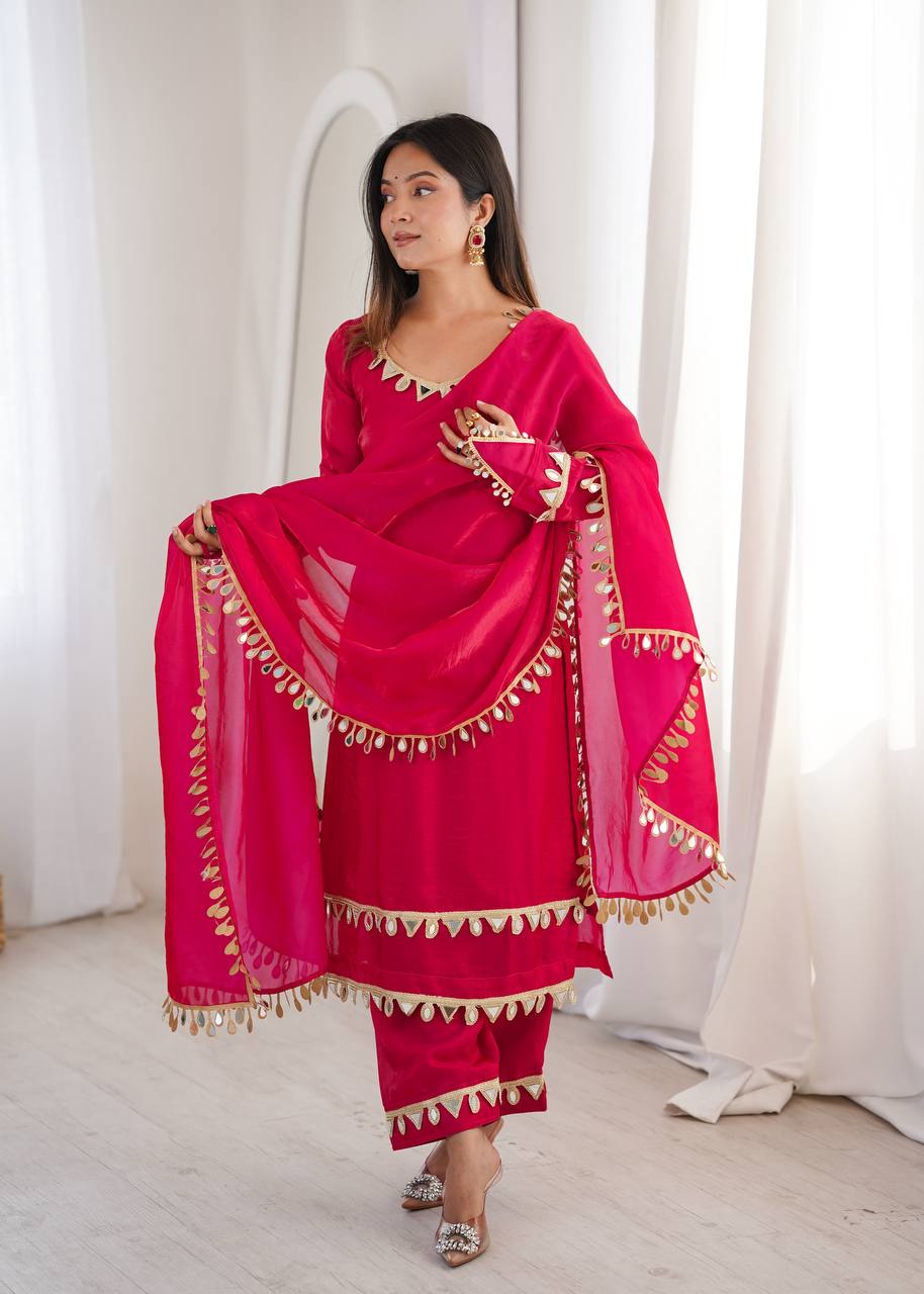 Fendy Silk Kurta and Pant Set with Mirror Work Dupatta