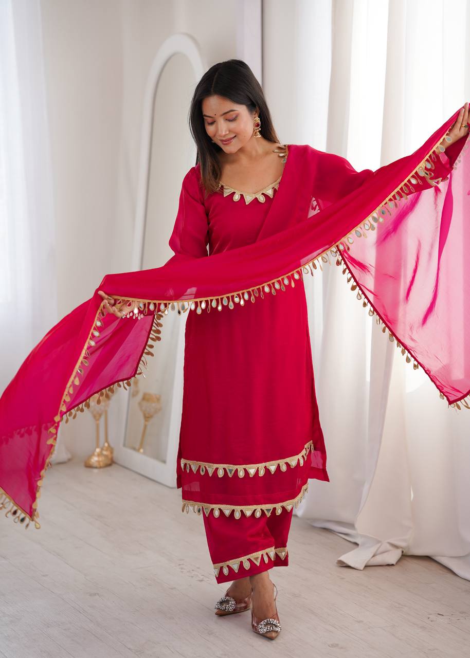 Fendy Silk Kurta and Pant Set with Mirror Work Dupatta