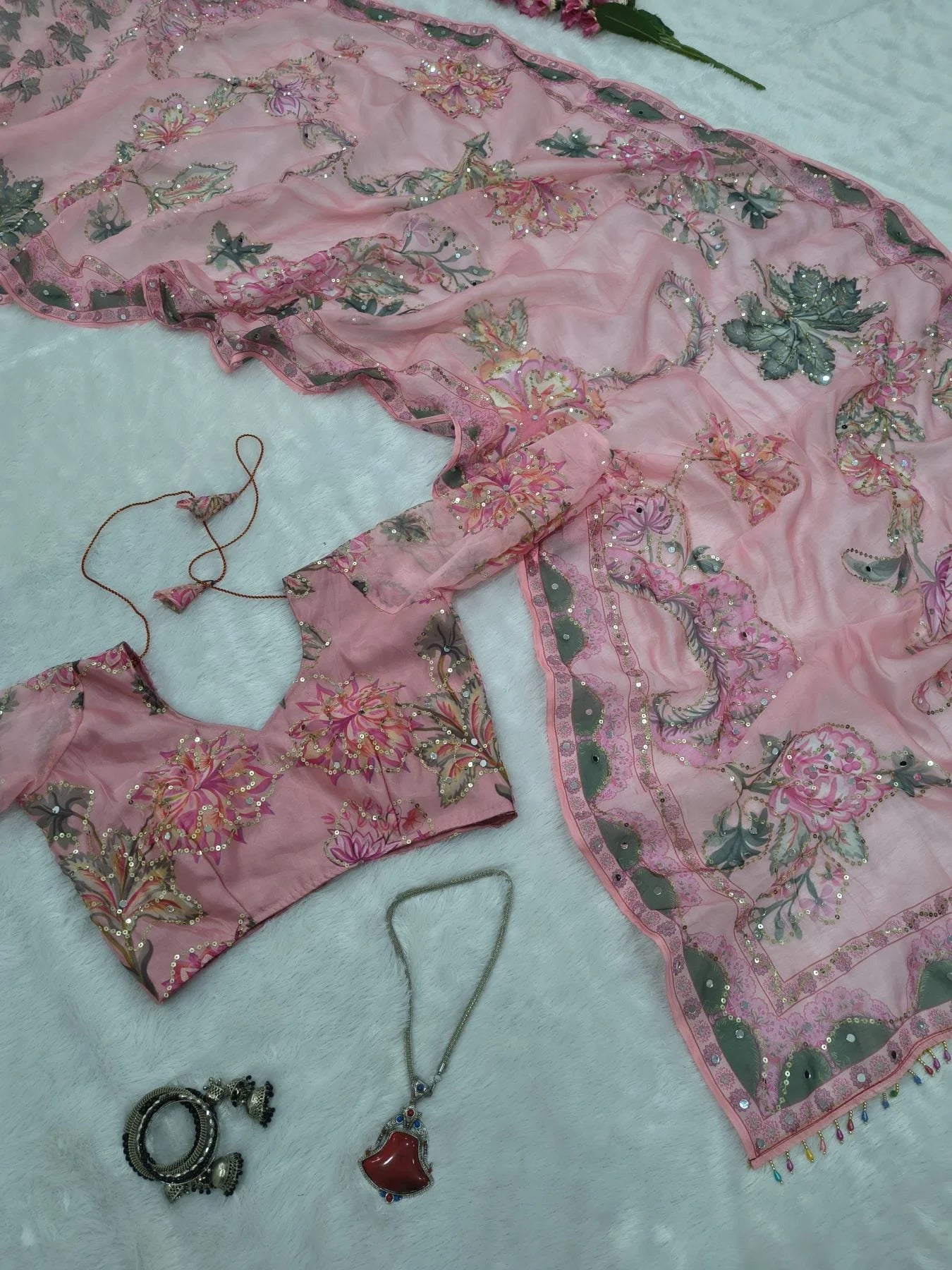 Pink Tabby Silk Saree with Colourful Latkan Pallu Boutique Collection