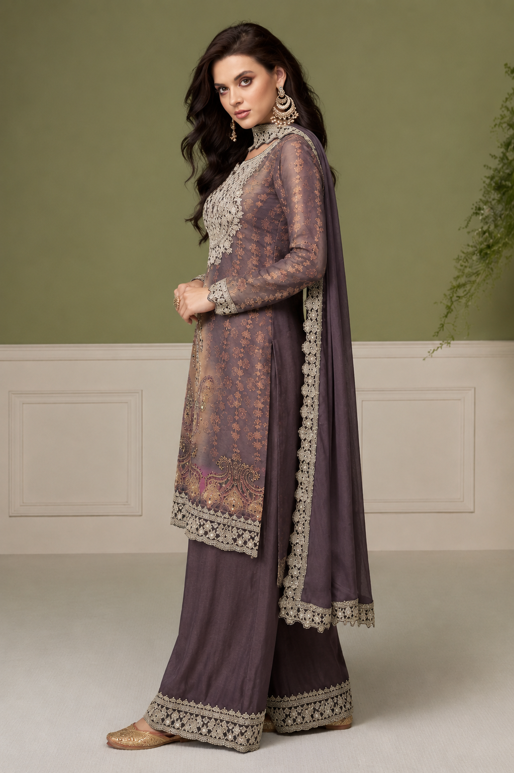 Premium Chinon Palazzo Suit Heavy Embroidery & Sequin Detailing