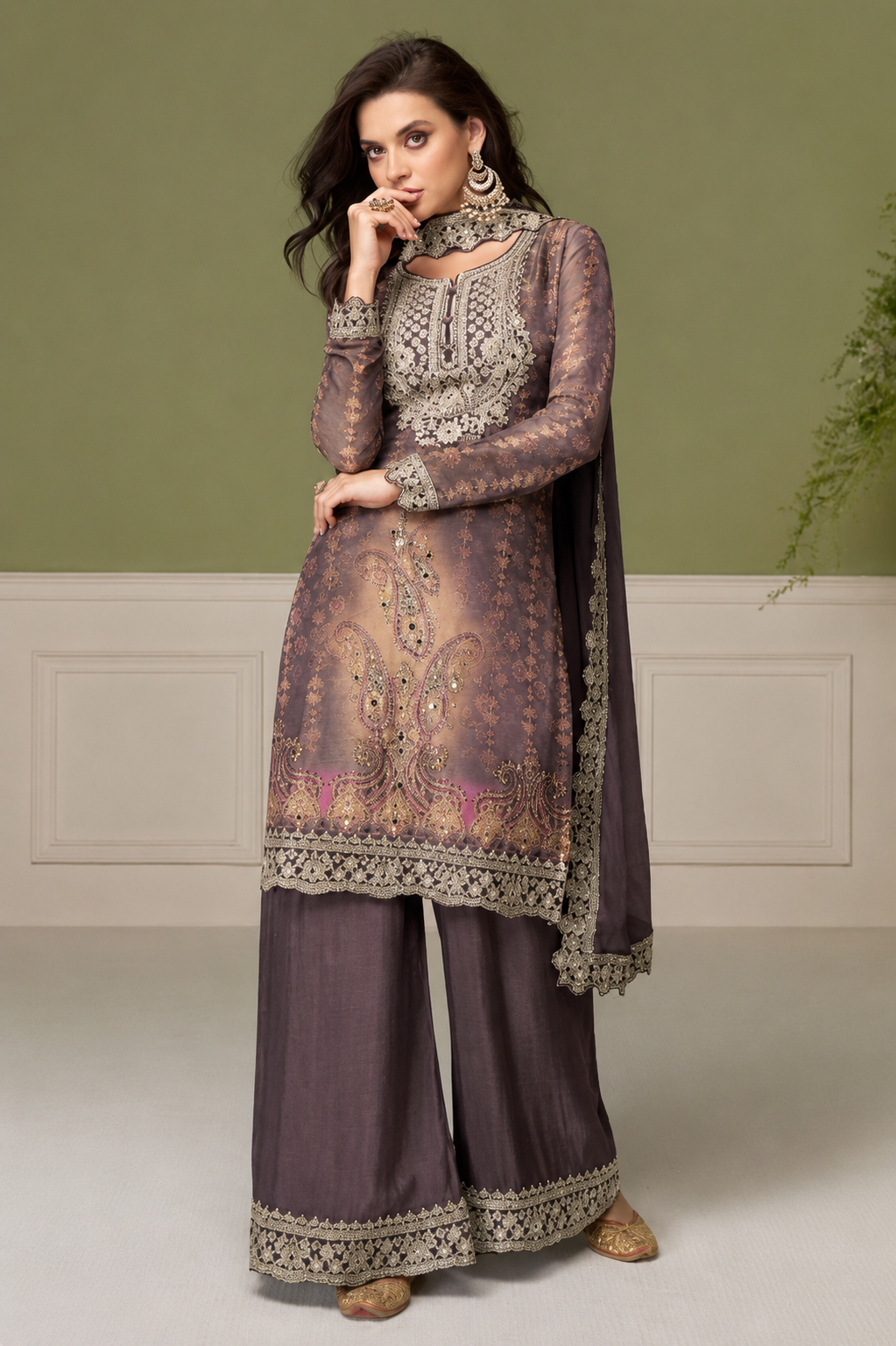 Premium Chinon Palazzo Suit Heavy Embroidery & Sequin Detailing