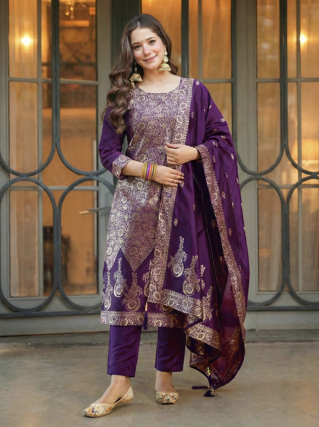 Art Silk Kurta and Pant Set with Jacquard Work Dupatta