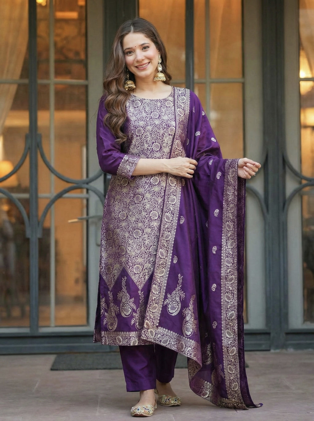 Art Silk Kurta and Pant Set with Jacquard Work Dupatta