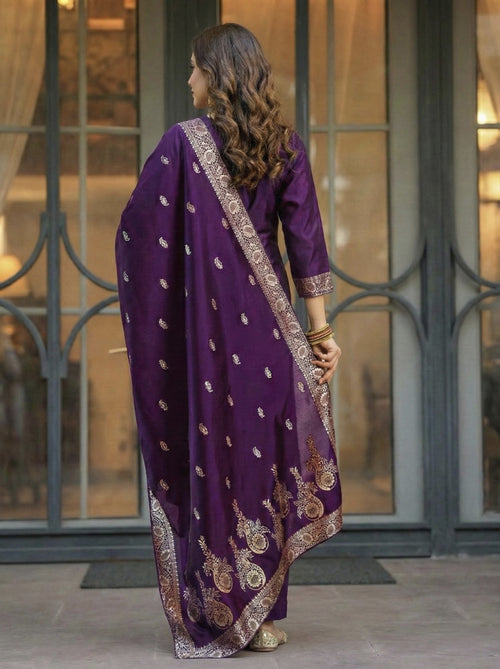 Art Silk Kurta and Pant Set with Jacquard Work Dupatta