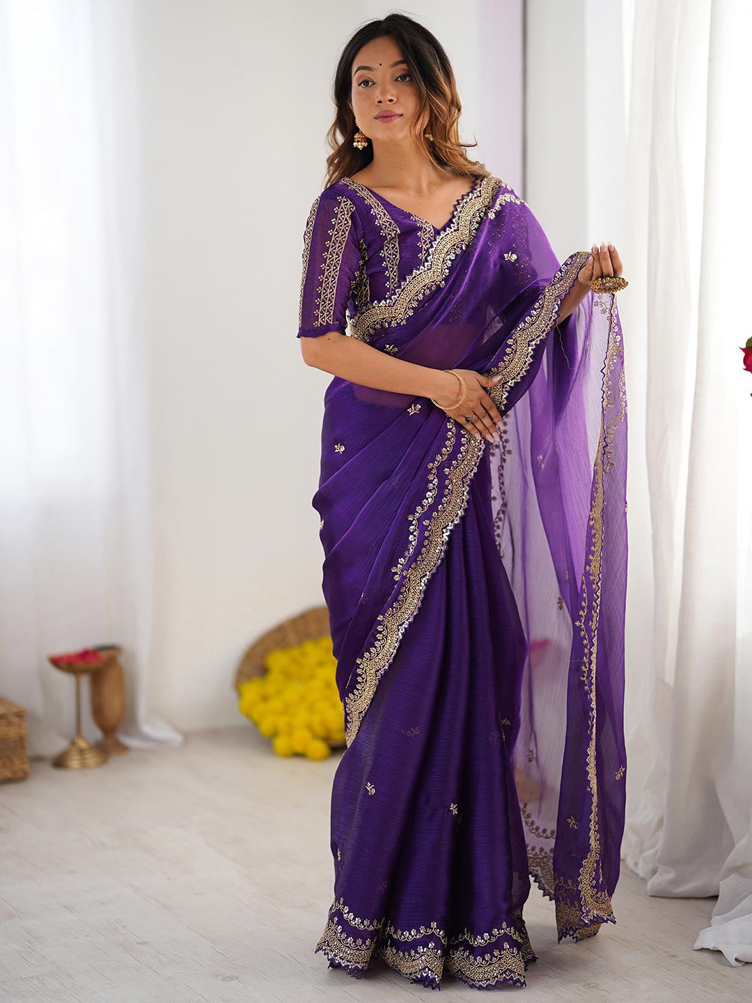 Jimmy Choo Saree with Heavy Embroidery Thred Broder Work