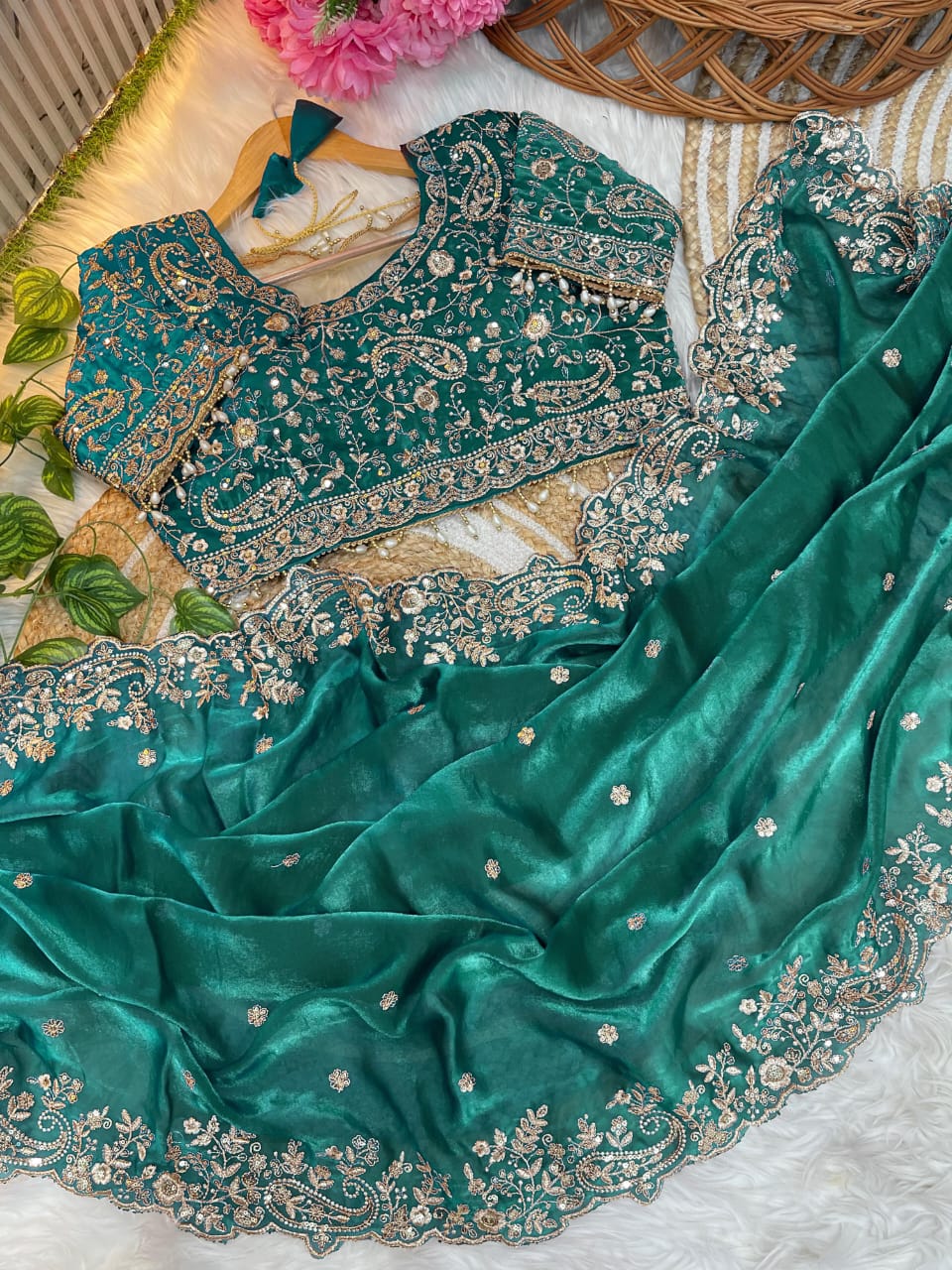 Satin Silk Saree with sequence work and Ready made Blouse