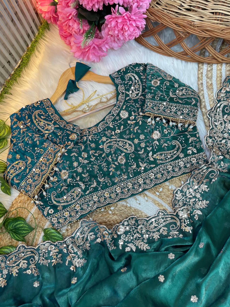 Satin Silk Saree with sequence work and Ready made Blouse