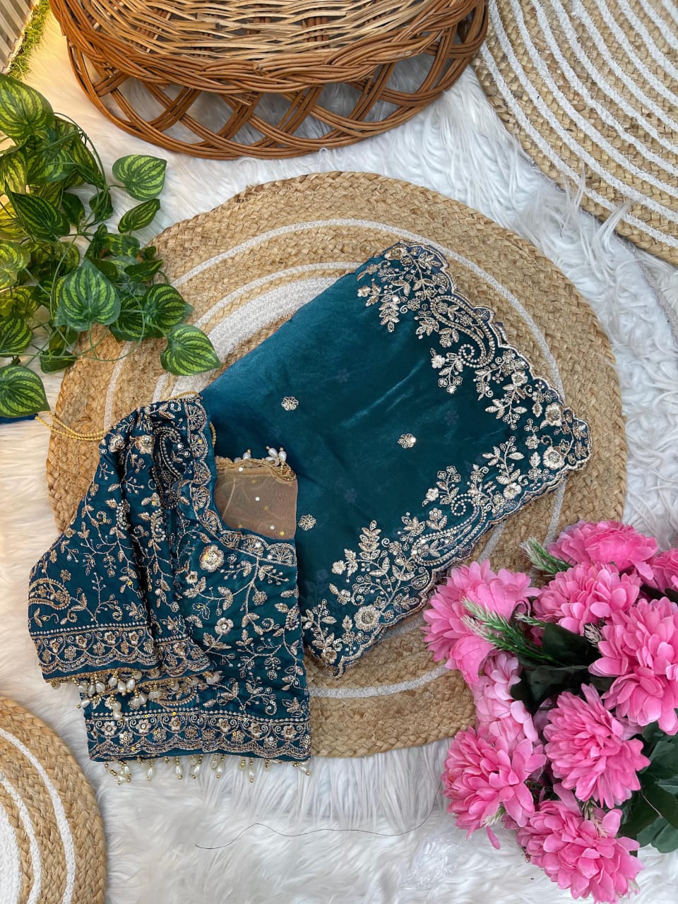 Satin Silk Saree with sequence work and Ready made Blouse
