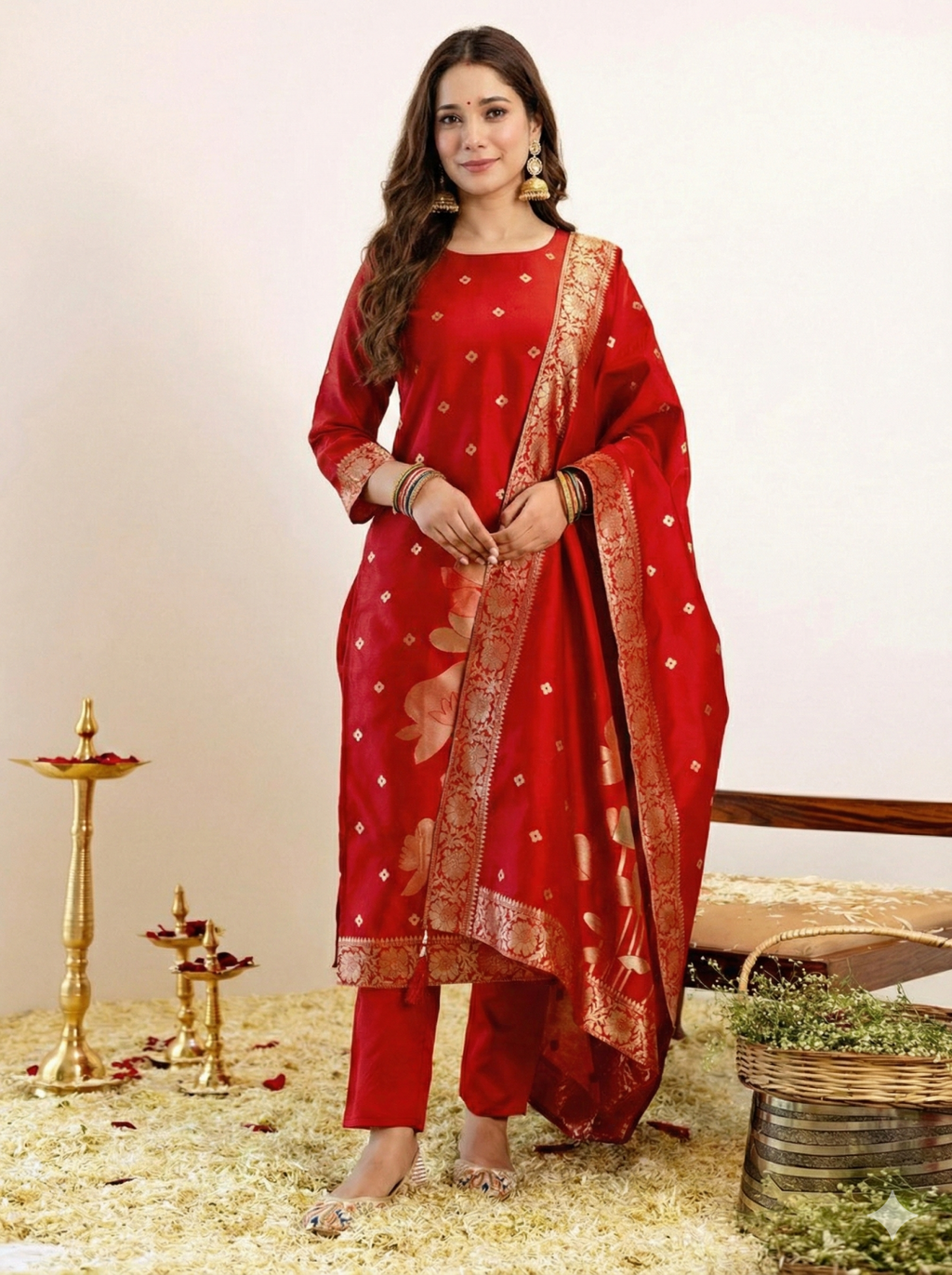 Art Silk Kurta and Pant Set with Jacquard Work Dupatta