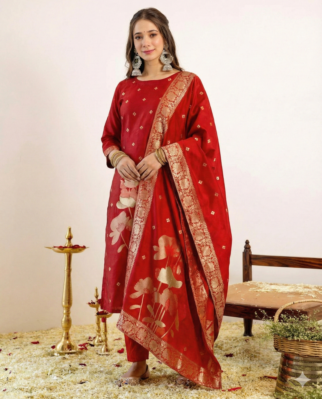 Art Silk Kurta and Pant Set with Jacquard Work Dupatta