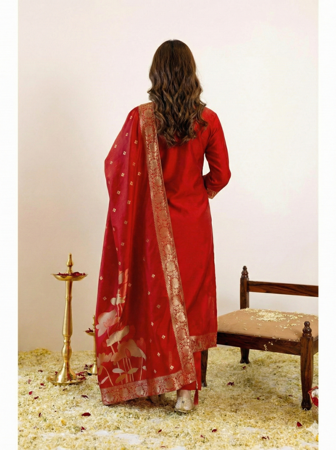 Art Silk Kurta and Pant Set with Jacquard Work Dupatta
