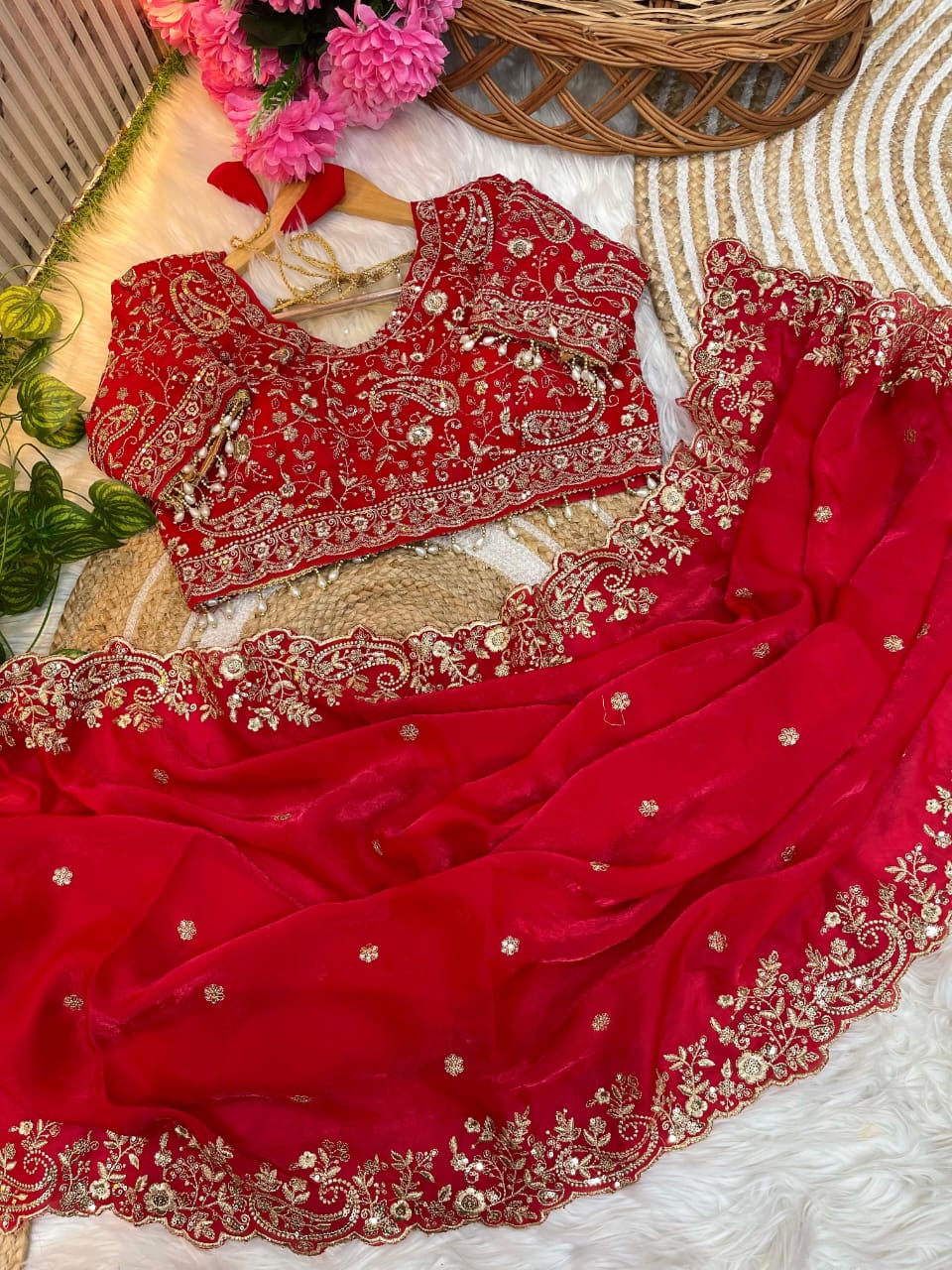 Satin Silk Saree with sequence work and Ready made Blouse