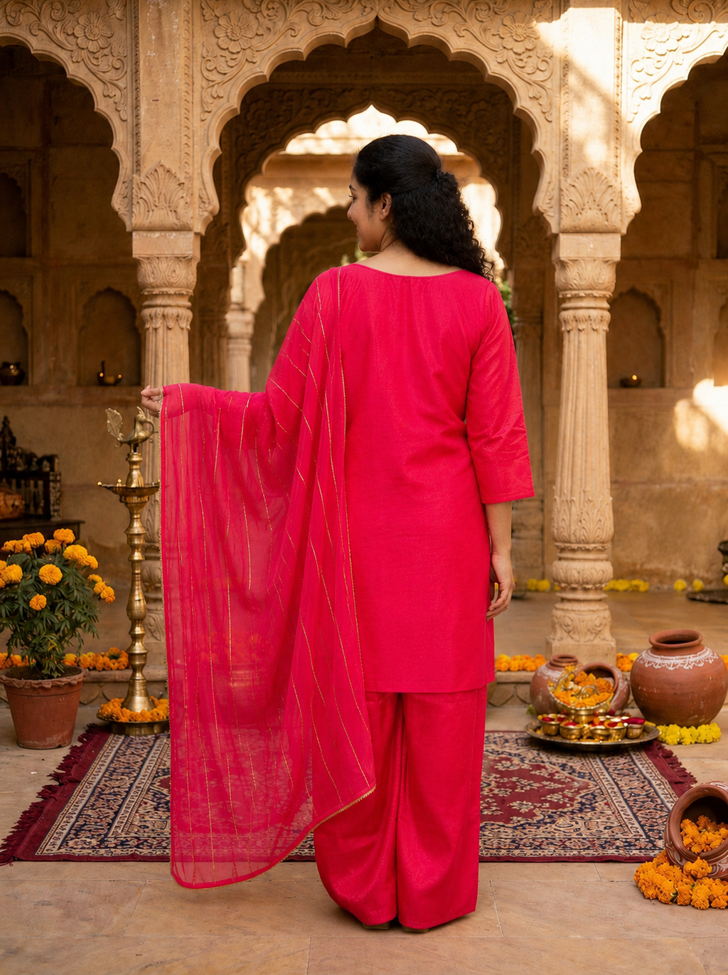 Rani Pink Viscose Jacquard Silk Kurti Set with Zari Work