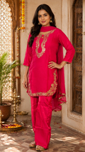 Rani Pink Viscose Jacquard Silk Kurti Set with Zari Work