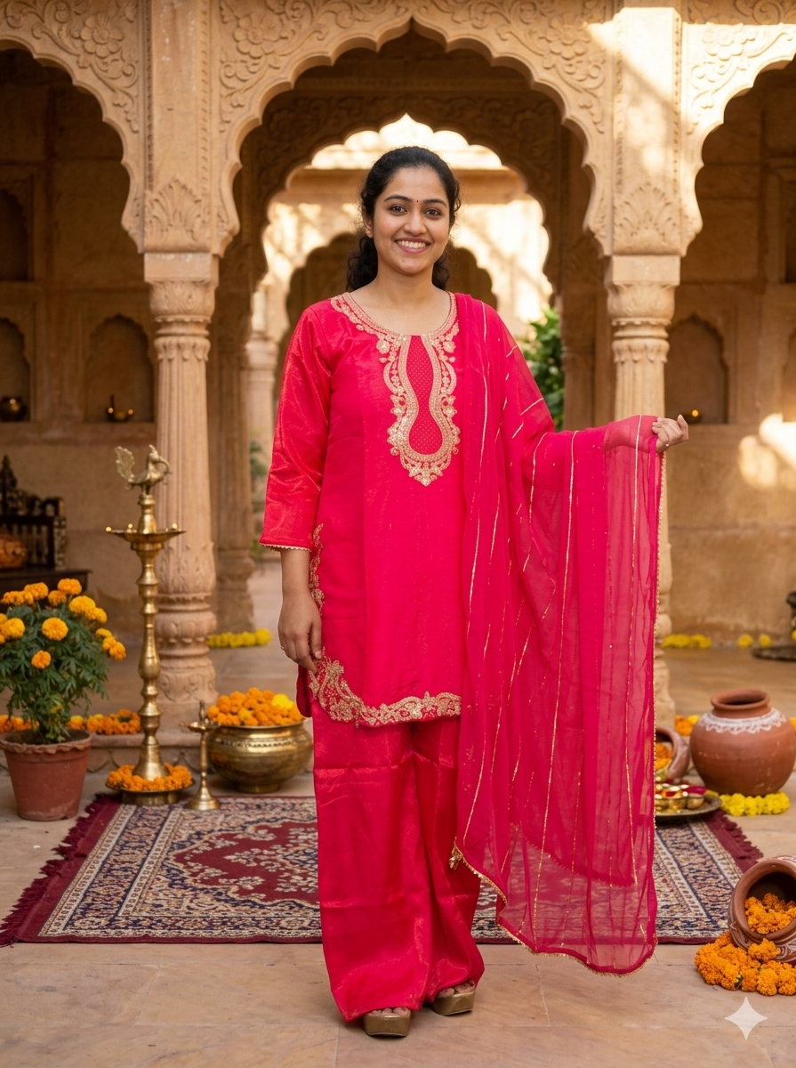 Rani Pink Viscose Jacquard Silk Kurti Set with Zari Work