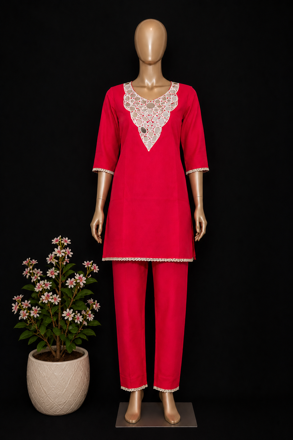 Viscose Rayon  Mirror Work Kurti with matching straight-fit Trouser Pants