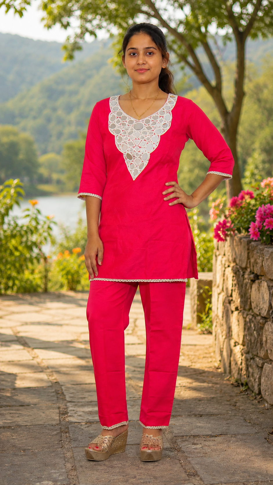 Viscose Rayon  Mirror Work Kurti with matching straight-fit Trouser Pants