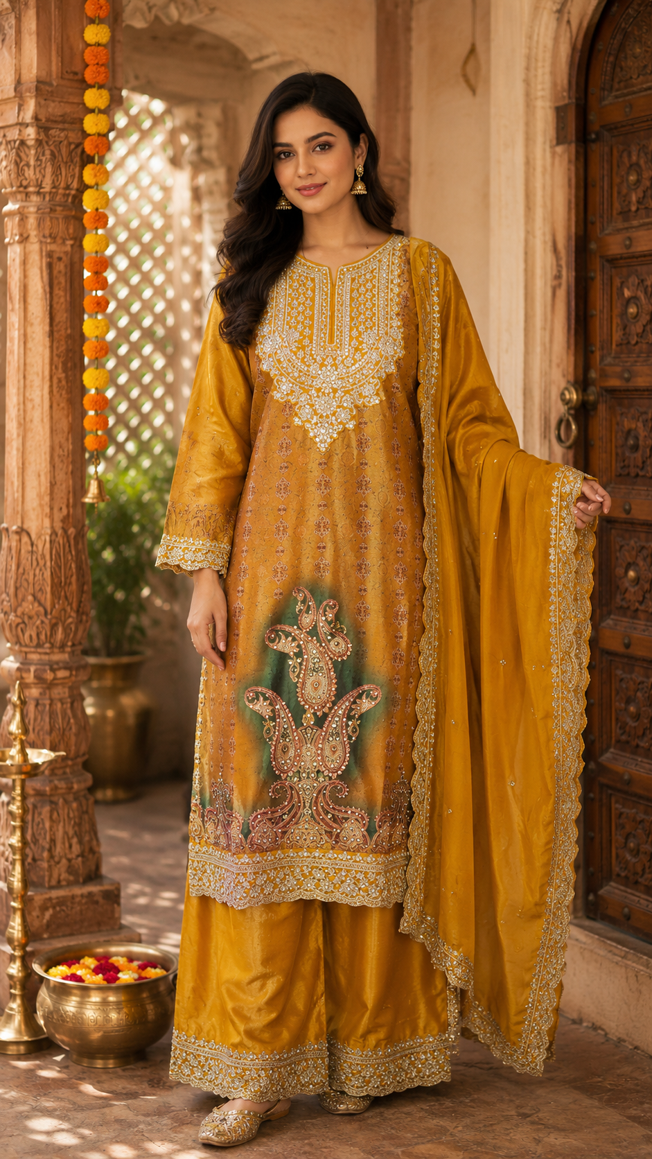 Premium Chinon Palazzo Suit Heavy Embroidery & Sequin Detailing