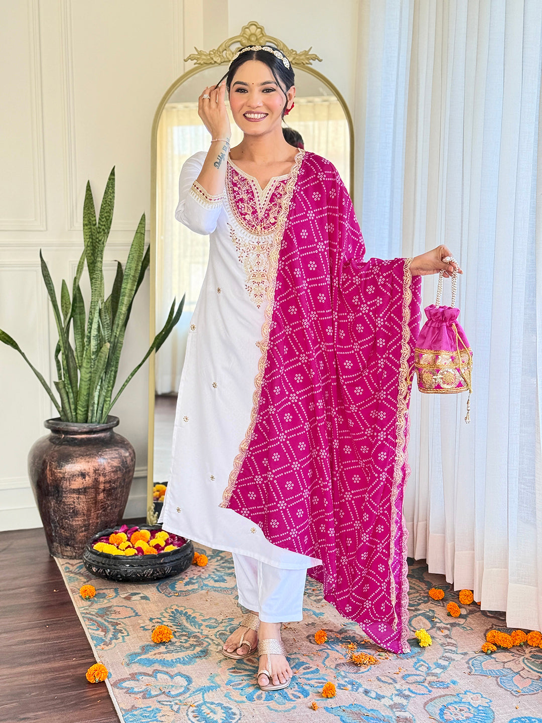 Soft Viscose Embroidered Kurta and Pant Set with Printed Work Dupatta