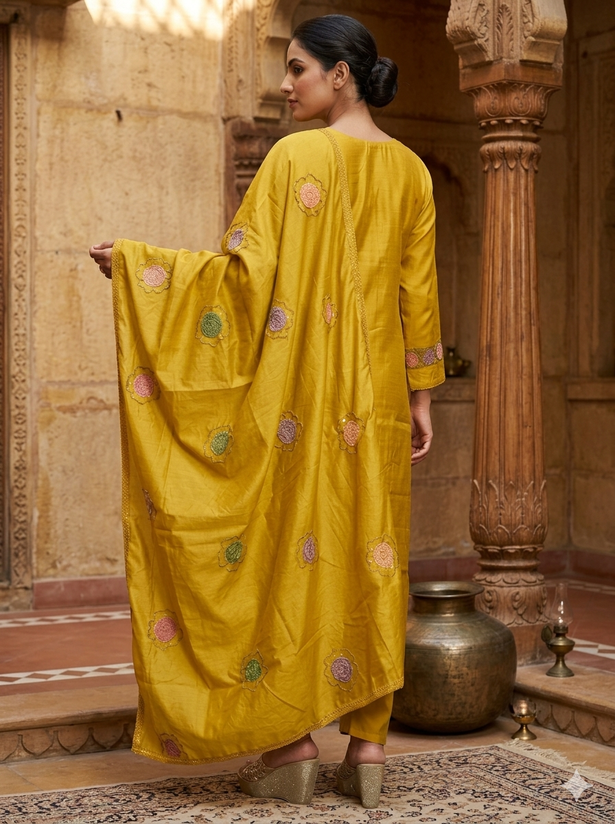 Mustard Yellow Silk Kurta Pant Set with Floral Embroidery