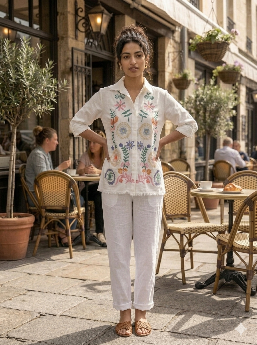 Cotton Linen Button-Down Co-ord Set  Featuring Colorful Bohemian Floral Embroidery