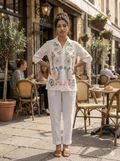 Cotton Linen Button-Down Co-ord Set  Featuring Colorful Bohemian Floral Embroidery