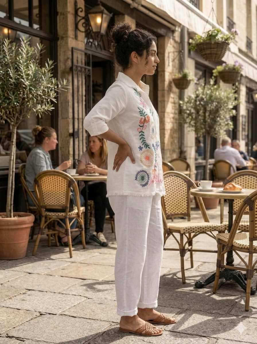 Cotton Linen Button-Down Co-ord Set  Featuring Colorful Bohemian Floral Embroidery