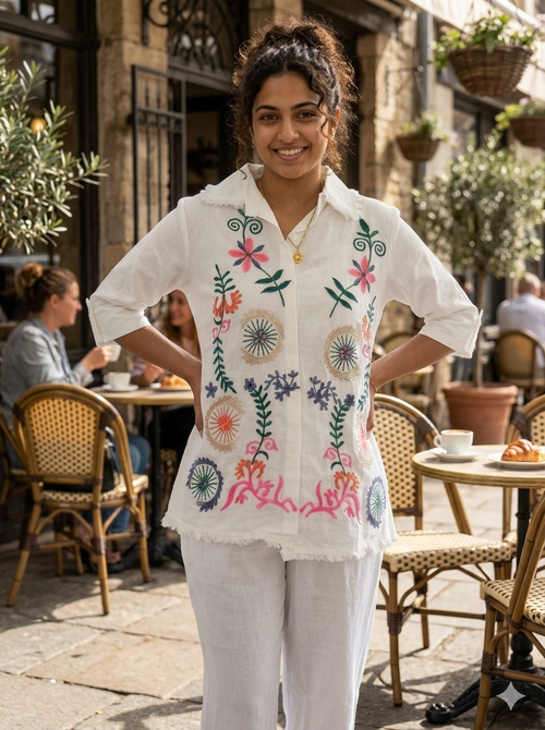 Cotton Linen Button-Down Co-ord Set  Featuring Colorful Bohemian Floral Embroidery