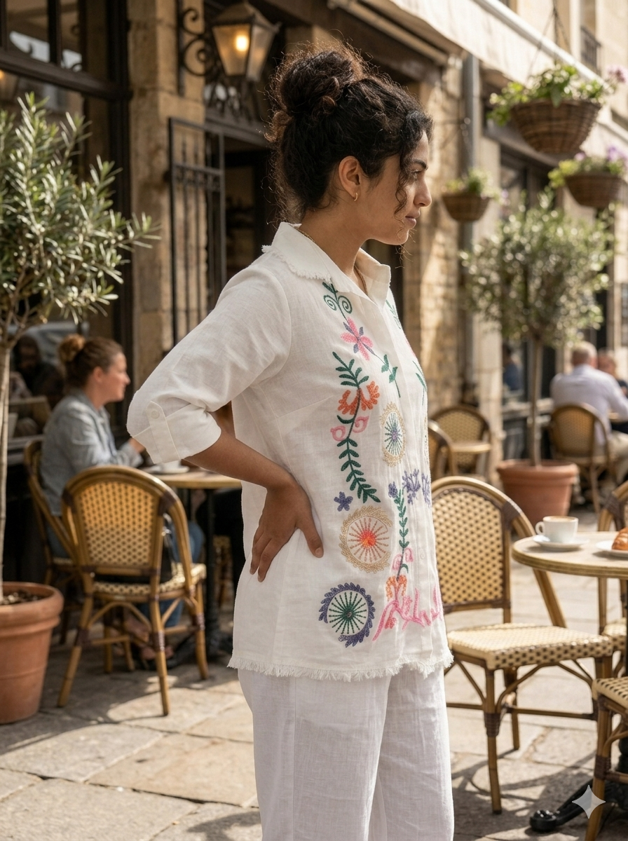 Cotton Linen Button-Down Co-ord Set  Featuring Colorful Bohemian Floral Embroidery